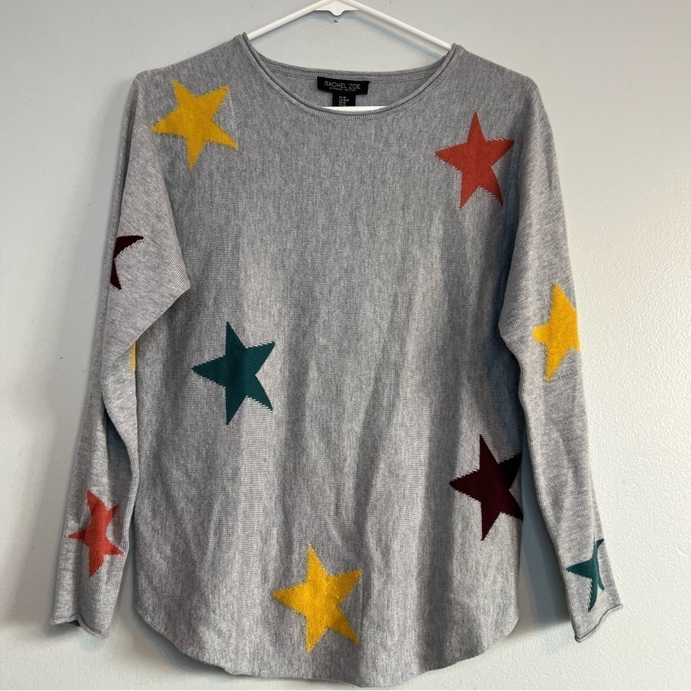 Rachel Zoe Crew Neck Pullover Sweater Sz M Star Stars Rainbow Gray Lightweight